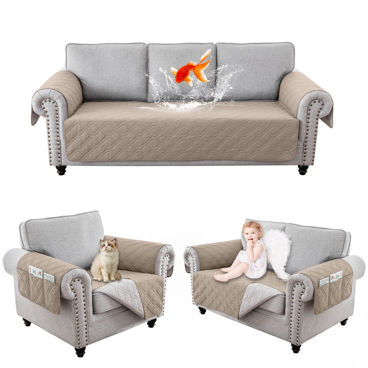 Recliner Sofa Cover Backless  for 1/2/3 Seater with Pocket, Slipcovers Reversible Washable Elastic Adjustable Strap for home,Khaki