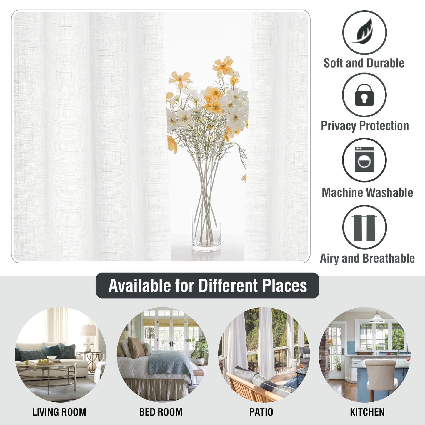 Natural Linen Sheer Curtains 2 Panels, Grommet Semitransparent Semi-Sheer Soft Comfort Privacy Drapes, White