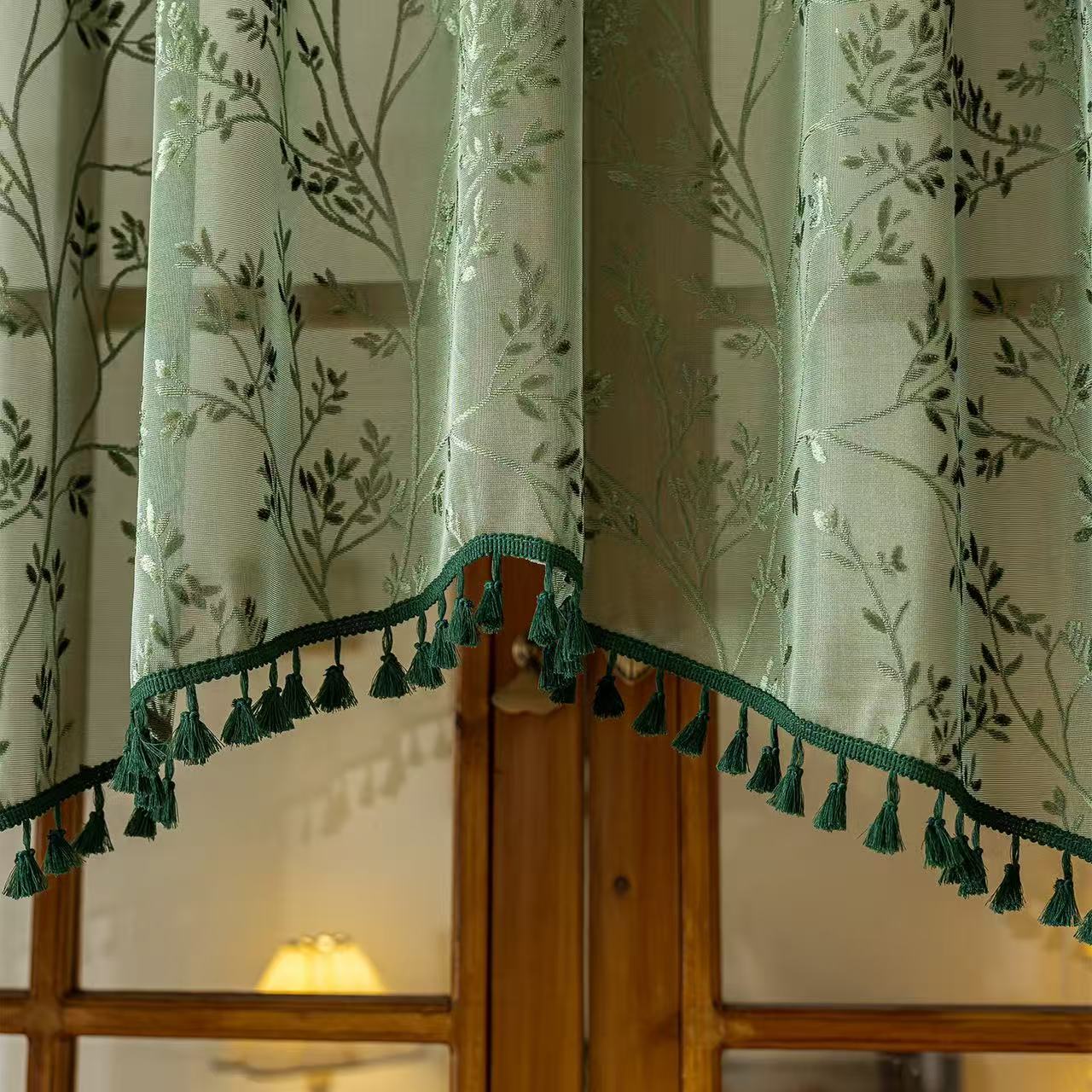 Green Lace Kitchen Curtain Valance Door Panel Rod Pocket Voile Window Treatment Tier for Bathroom Dining Room 1 Panel