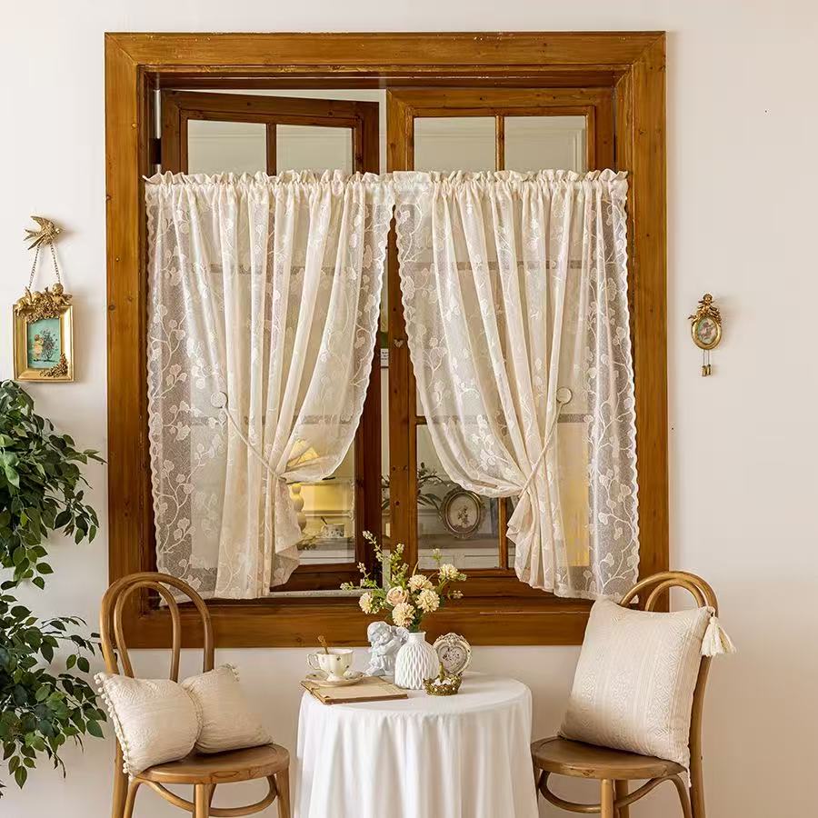 Vintage Lace Curtains Romantic Ginkgo biloba leaves pattern Curtains Panels for Kithchen Living Room French Door, Beige