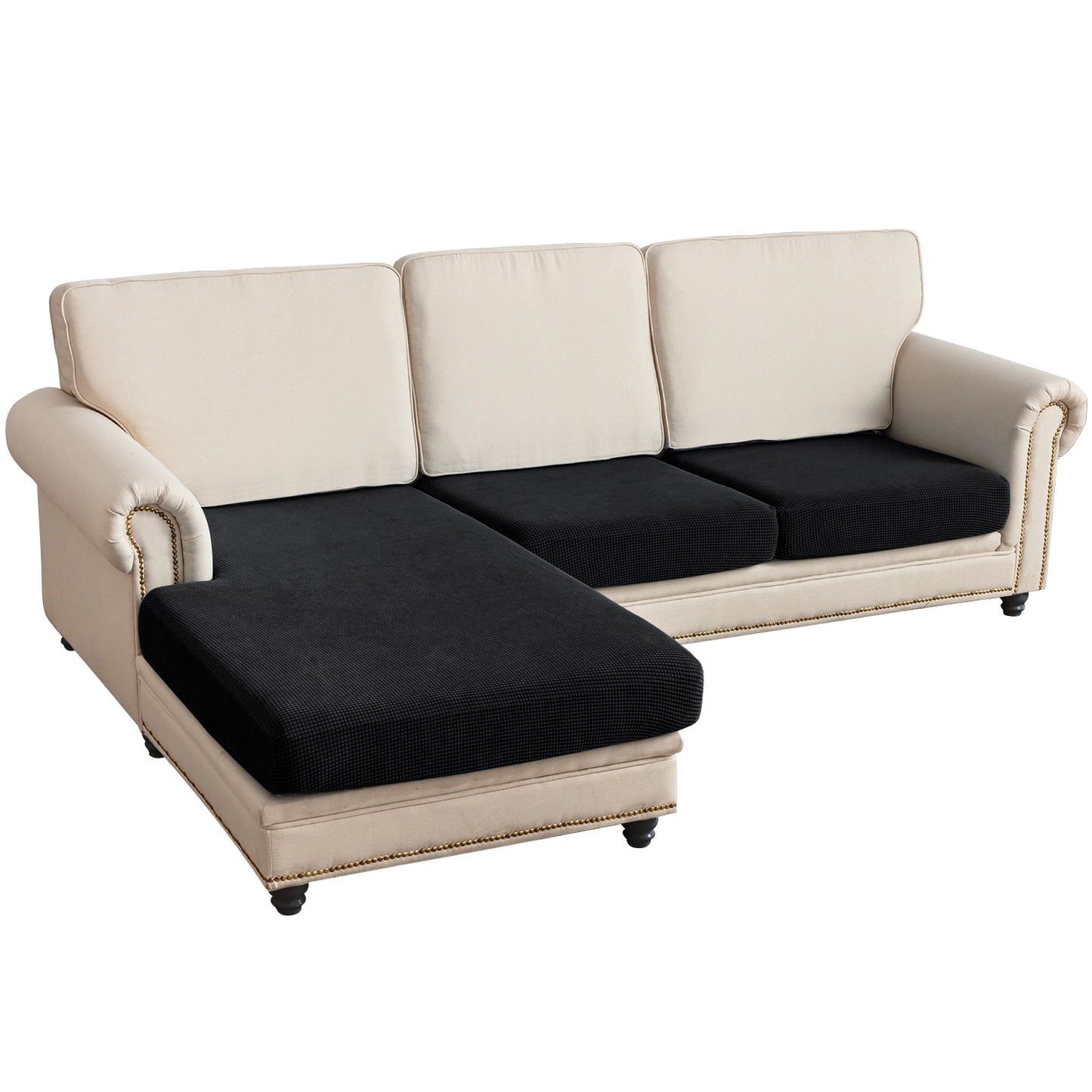 Sectional Couch Covers 3 Pieces Sofa Seat Cushion Covers L Shape Separate Cushion Couch Chaise Cover for Both Left/Right Sectional Couch (Large Sofa 2 Seater + 1 Chaise, Black)