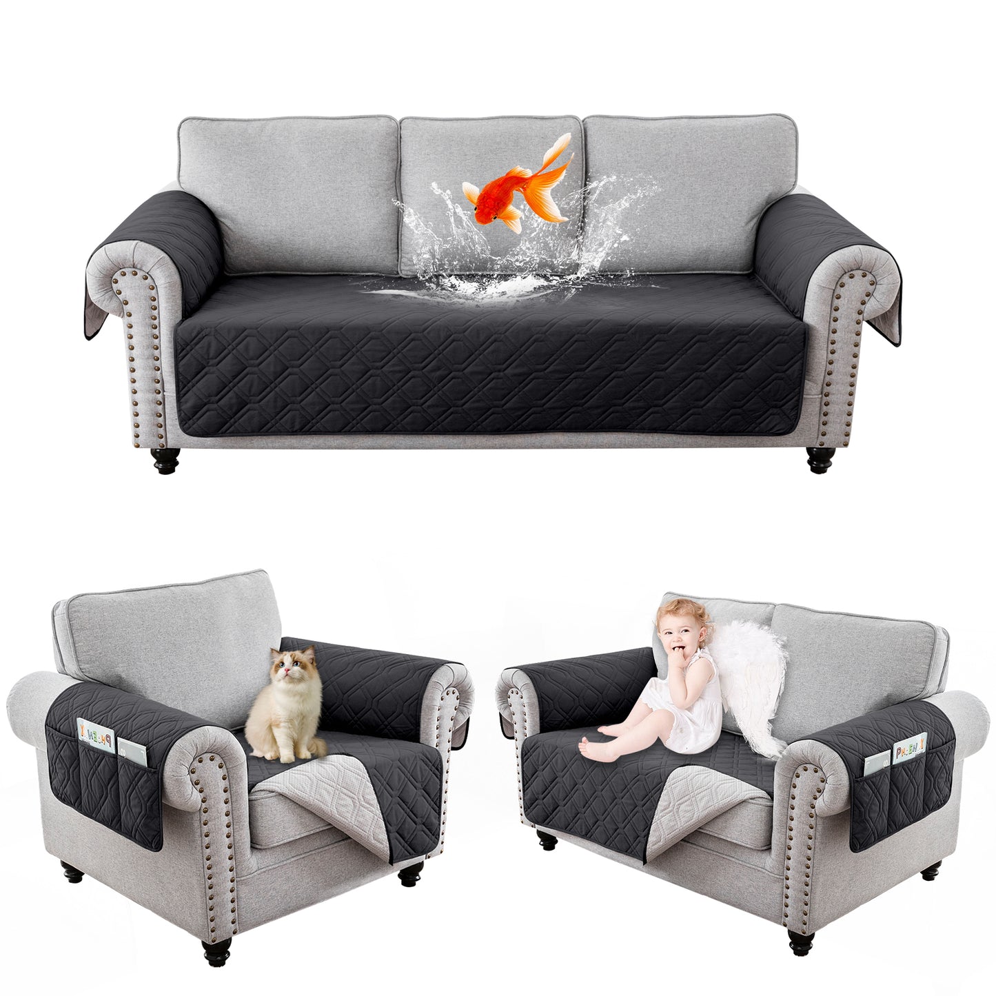 Recliner Sofa Cover Backless  for 1/2/3 Seater with Pocket, Slipcovers Reversible Washable Elastic Adjustable Strap for home,Black