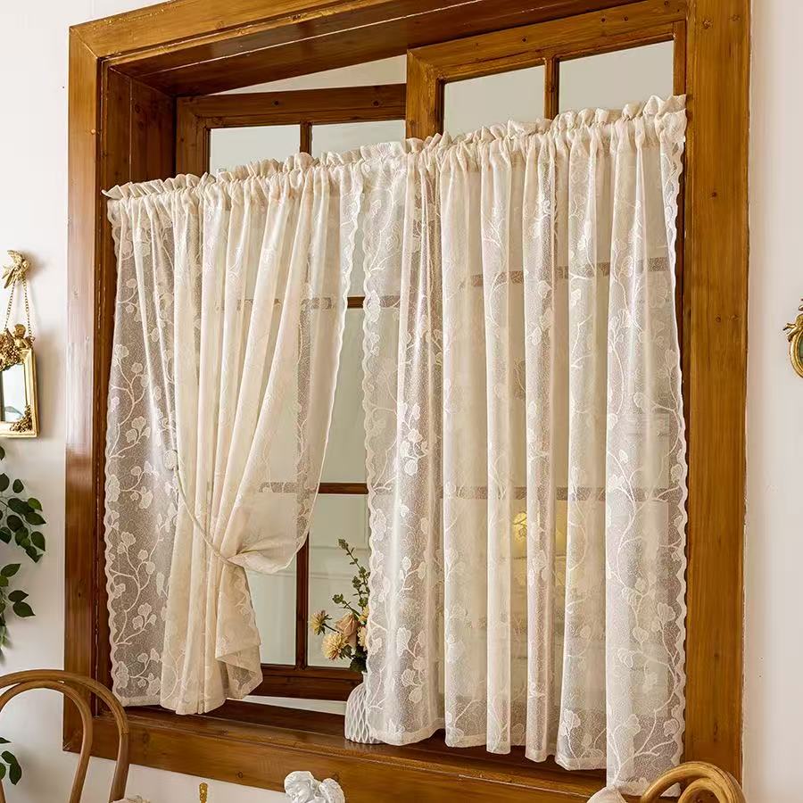 Vintage Lace Curtains Romantic Ginkgo biloba leaves pattern Curtains Panels for Kithchen Living Room French Door, Beige
