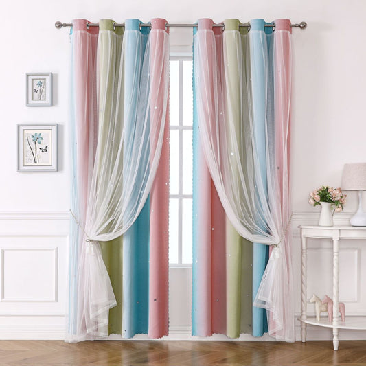 2 Panels Curtains for Kids Girls Bedroom Aesthetic Living Room Decor Colorful Double Layer Star Cut Out Stripe Rainbow Window ,Pink/Green