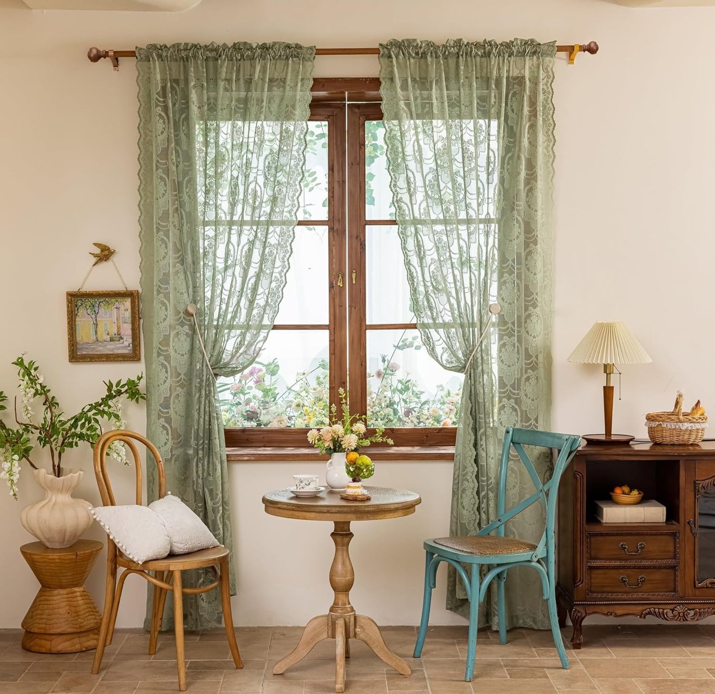 Green Lace French Delicacy Curtains -Rod Pocket Luxury Vintage Bow Butterfly Flower Sheer Lace Curtains for Living Room Bedroom