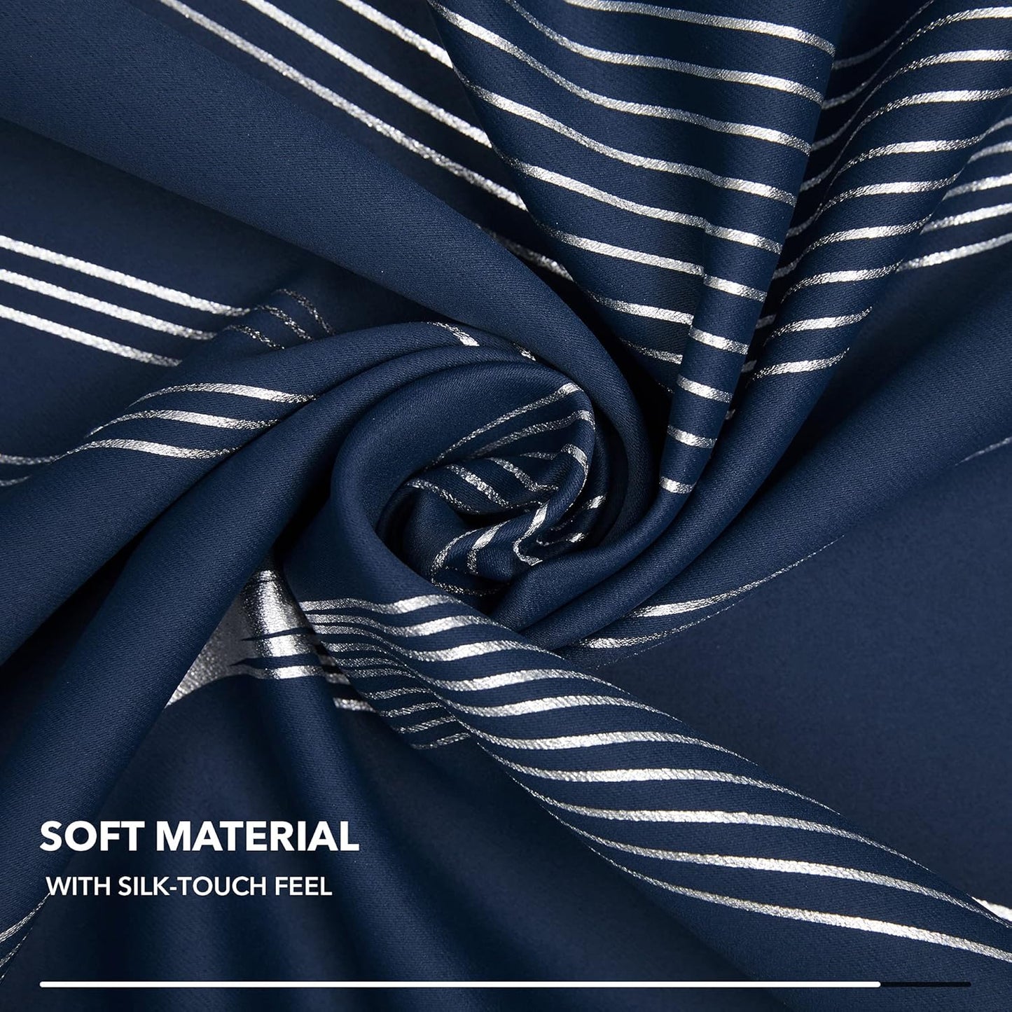 Silver Wave Print Blackout Curtains - Thermal Insulated & Noise‑Reducing Grommet Drapes for Bedroom & Living Room,  2 Panels ,Navy