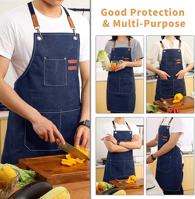 Chef Aprons for Men Women with Oversized Pockets,Cotton Canvas Cross Back Heavy Duty Work Apron,Blue