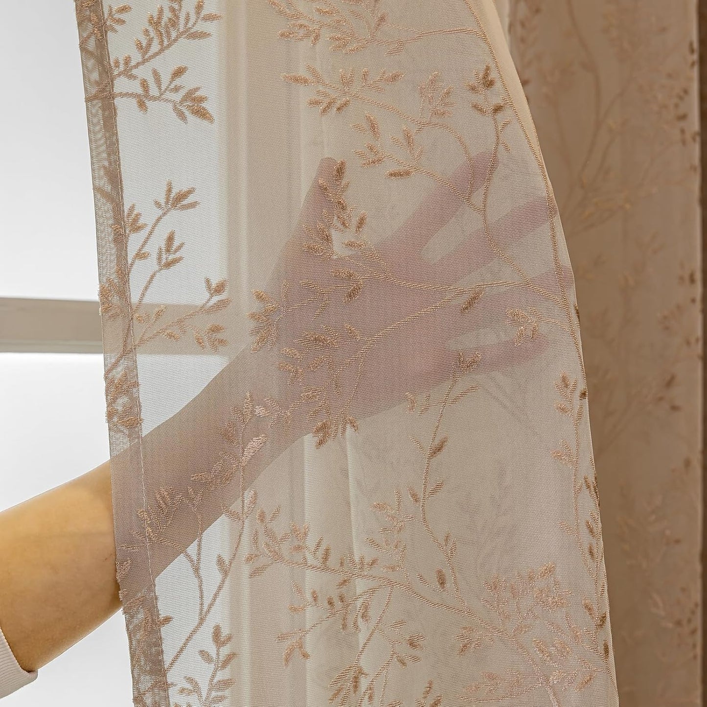 Coffee Lace Sheer Curtains, Farmhouse Leaf Jacquard Grommet Window Curtain for Living Room/Bedroom, Voile Sheer Panel Drapes