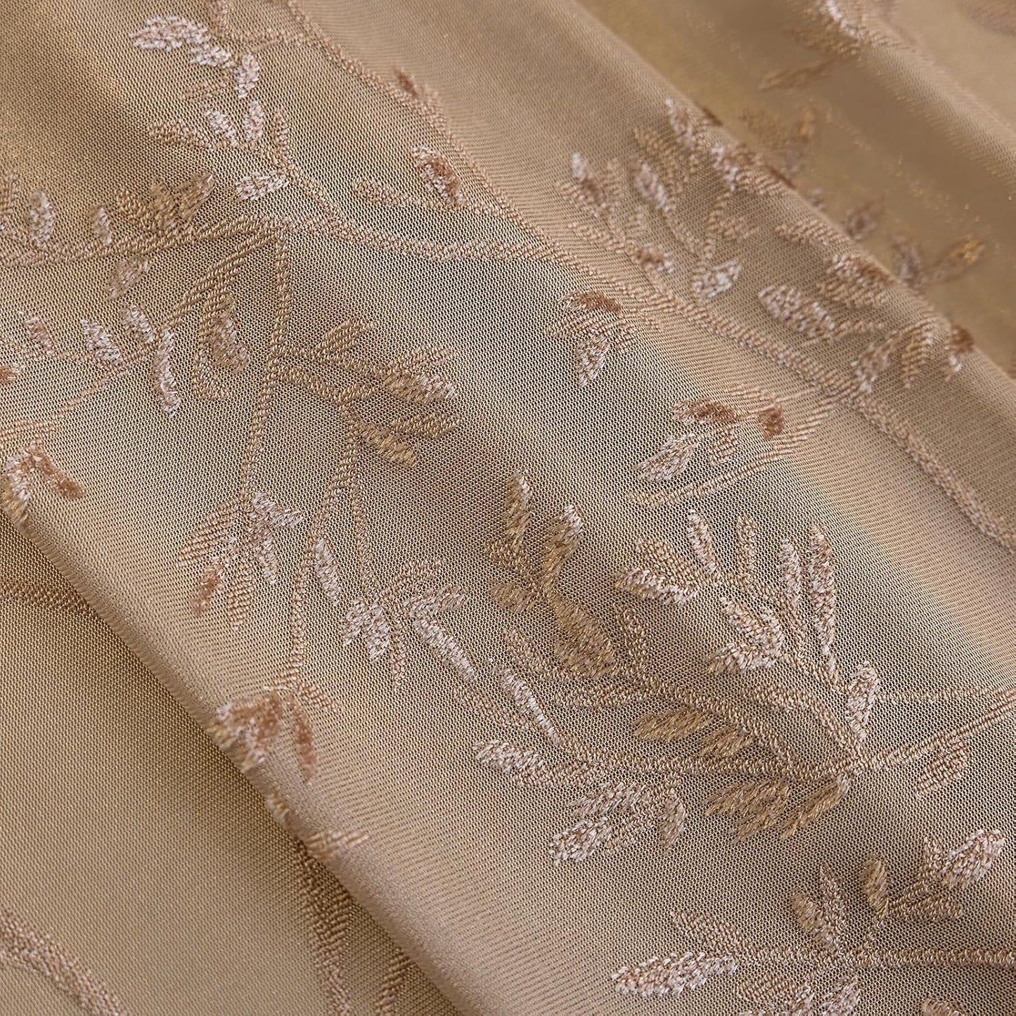 Coffee Lace Sheer Curtains, Farmhouse Leaf Jacquard Grommet Window Curtain for Living Room/Bedroom, Voile Sheer Panel Drapes