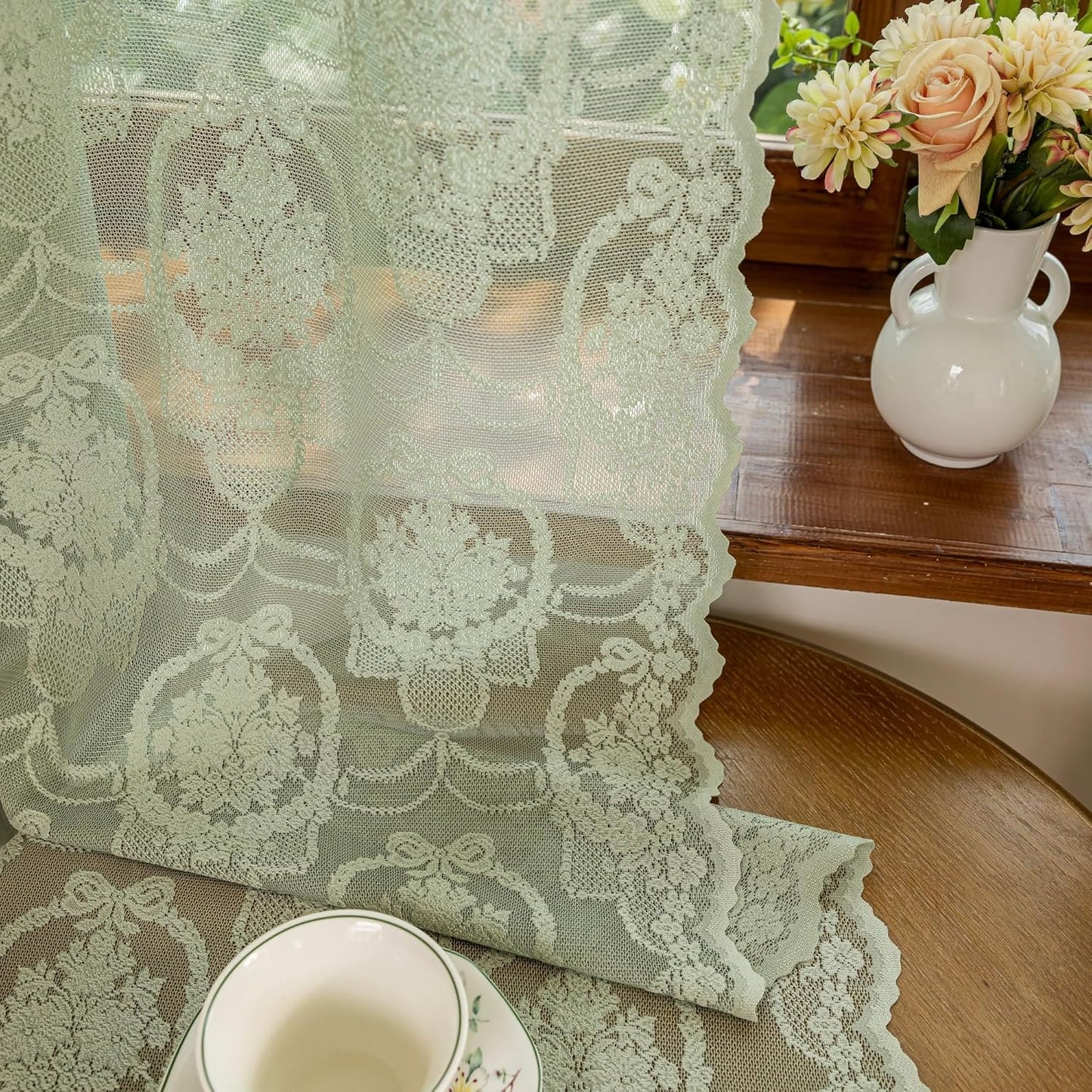 Green Lace French Delicacy Curtains -Rod Pocket Luxury Vintage Bow Butterfly Flower Sheer Lace Curtains for Living Room Bedroom
