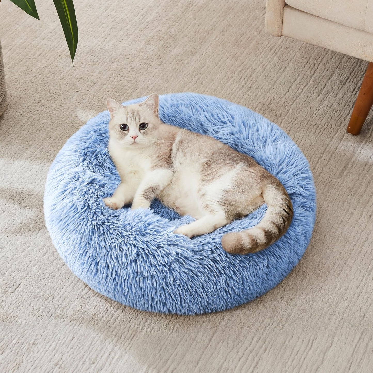 Anti Anxiety Round Fluffy Plush Faux Fur Warm Washable Dog Bed & Cat Bed, Original Bed for Small Medium Large Pets,Blue