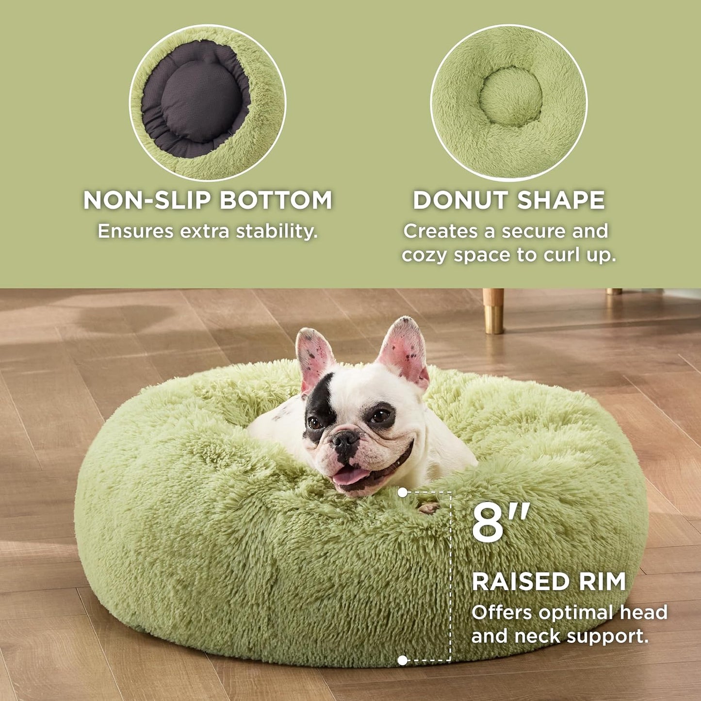 Anti Anxiety Round Fluffy Plush Faux Fur Warm Washable Dog Bed & Cat Bed, Original Bed for Small Medium Large Pets,Green