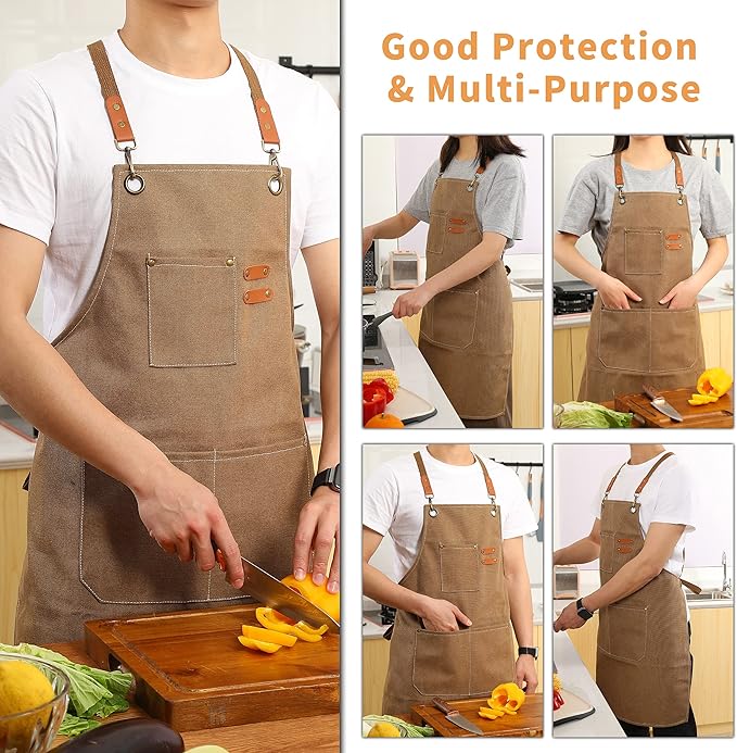 Chef Aprons for Men Women with Oversized Pockets,Cotton Canvas Cross Back Heavy Duty Work Apron,Brown
