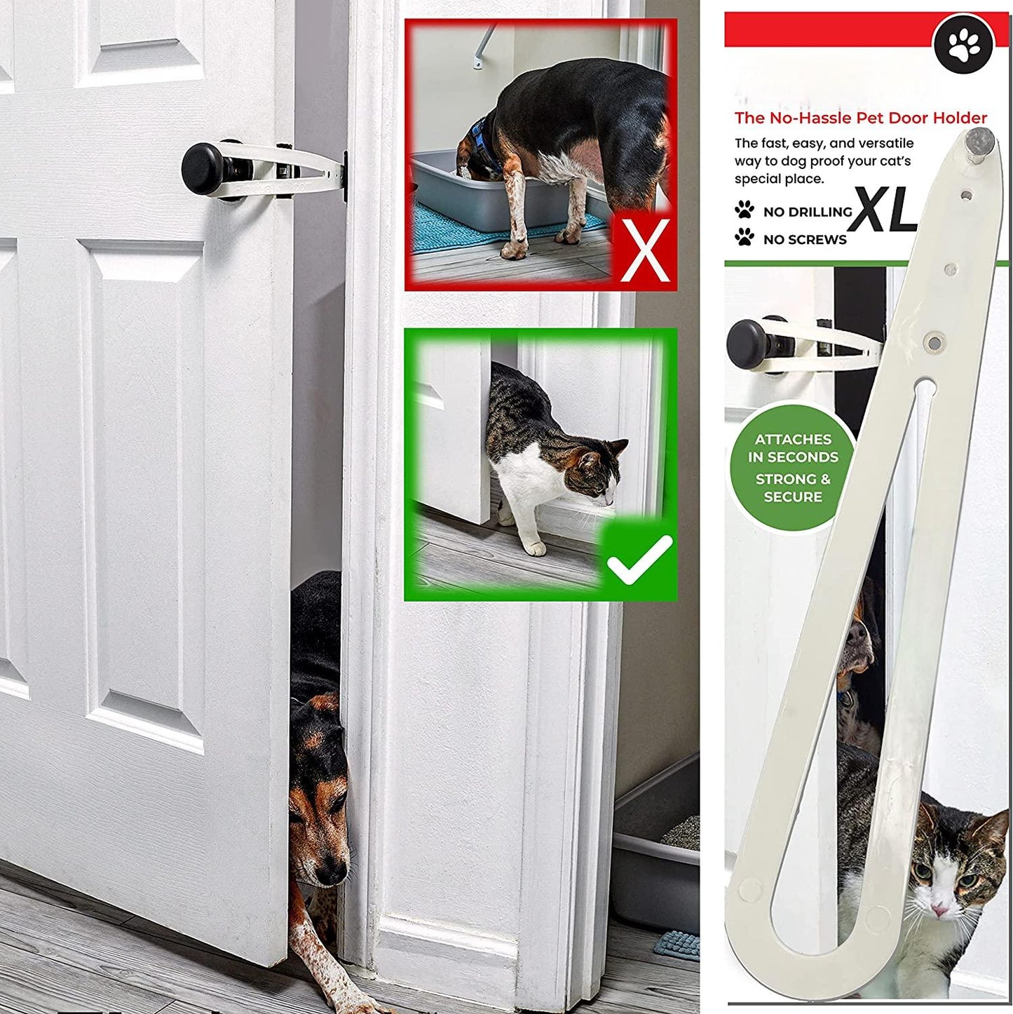 Cat Door Holder Latch - Extra Large Cat Door Alternative Installs Fast Flex Latch Strap Let's Cats in and Keeps Dogs Out of Litter & Food. Safe Baby Proof One Piece No Measuring Extra Easy