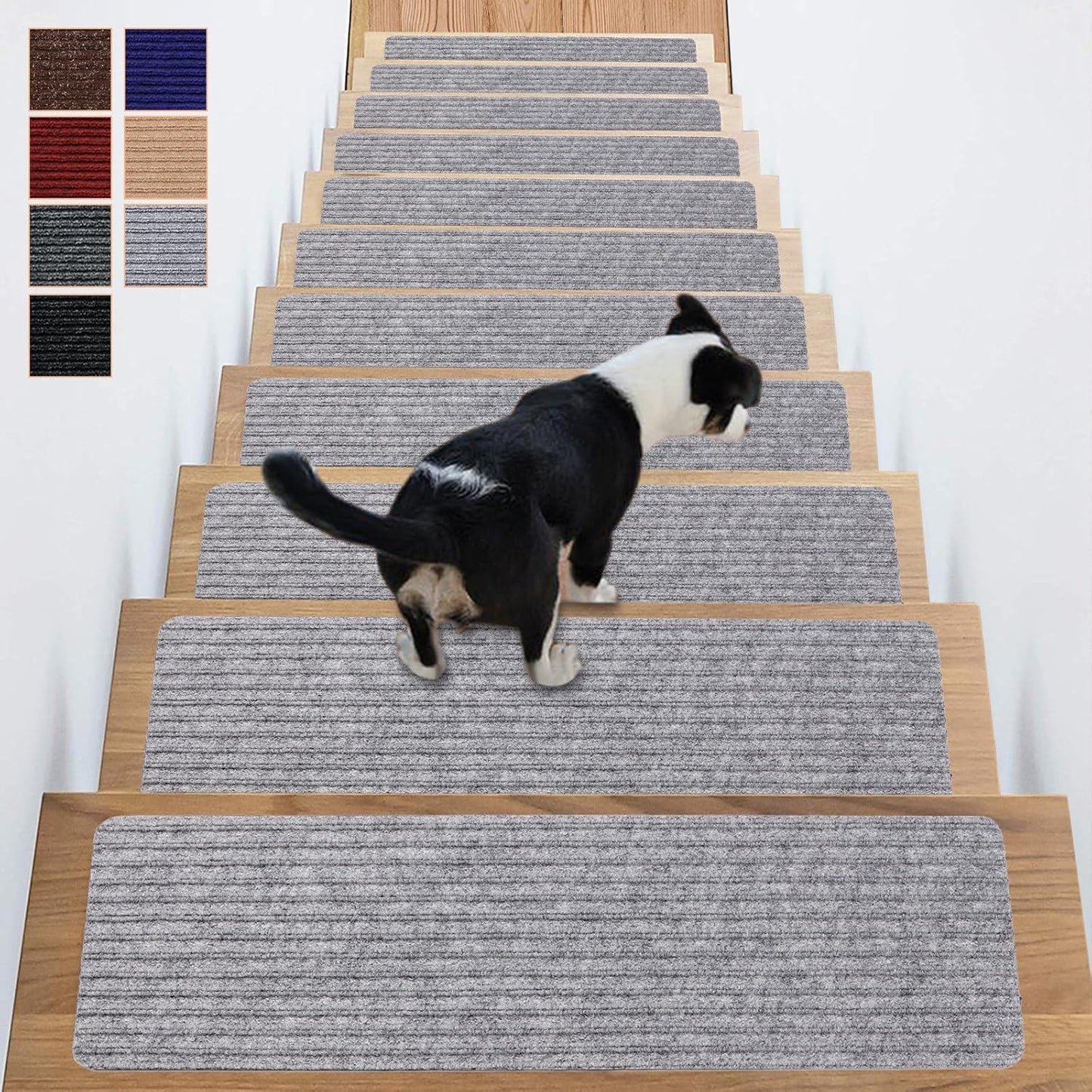 Stair Treads Carpet Non-Slip Indoor Stair Runners for Wooden Steps, Stair Rugs for Kids and Dogs, Set of 15, 8" X 30", Light Grey