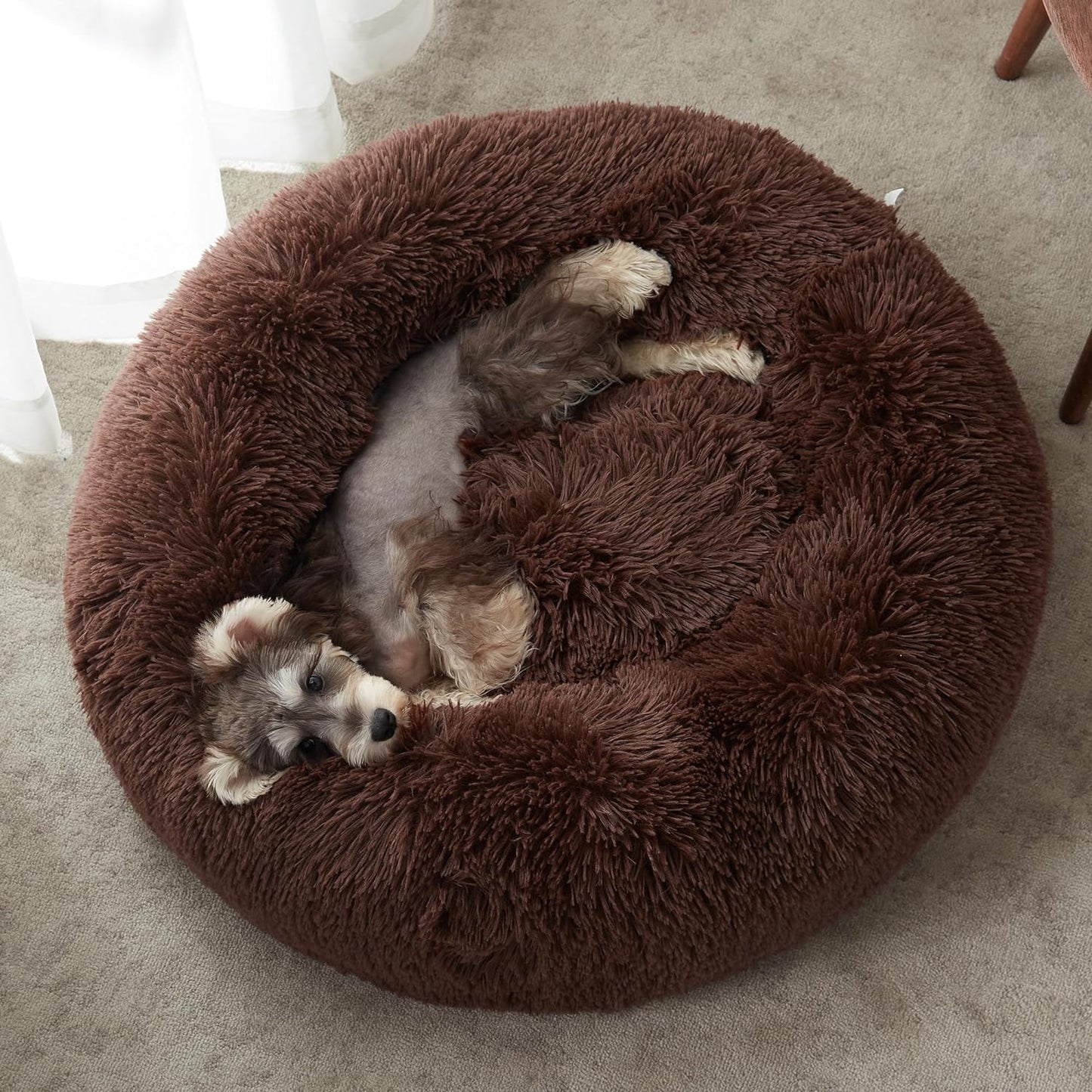 Anti Anxiety Round Fluffy Plush Faux Fur Warm Washable Dog Bed & Cat Bed, Original Bed for Small Medium Large Pets, Coffee