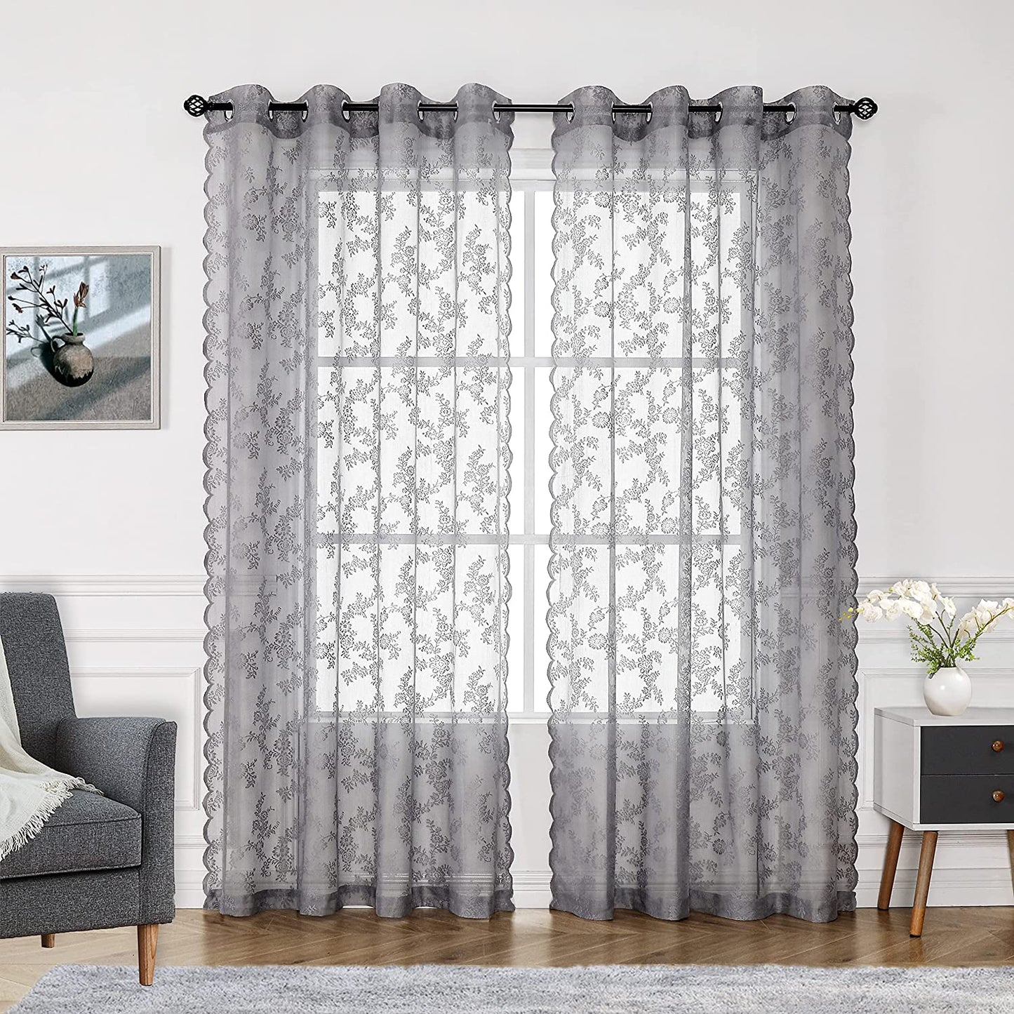 Grey Lace Sheer Curtains for Bedroom Farmhouse French Floral Rose Lace Curtain Panels Durable Flower Embeoidered Window Treatment Drapes for Living Room Christmas Holiday, Set of 2
