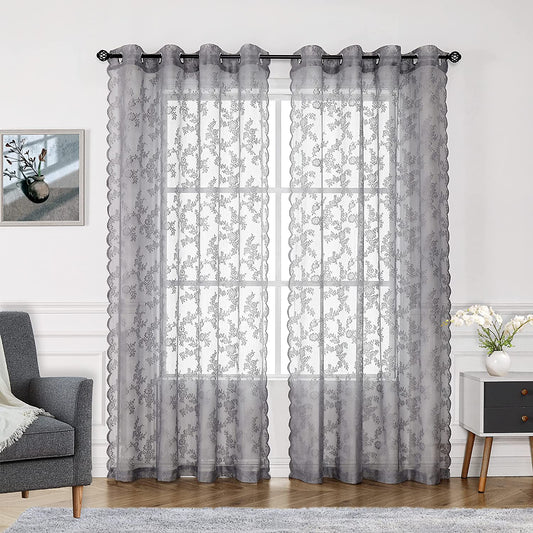 Grey Lace Sheer Curtains for Bedroom Farmhouse French Floral Rose Lace Curtain Panels Durable Flower Embeoidered Window Treatment Drapes for Living Room Christmas Holiday, Set of 2