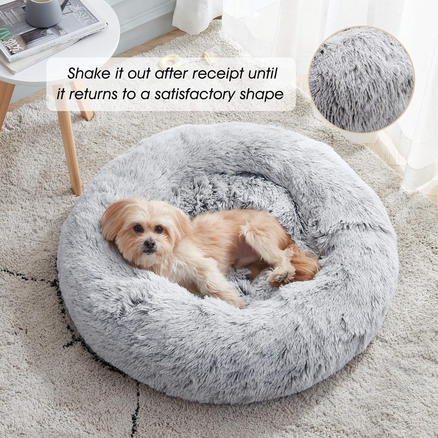 Anti Anxiety Round Fluffy Plush Faux Fur Warm Washable Dog Bed & Cat Bed, Original Bed for Small Medium Large Pets,Light Grey