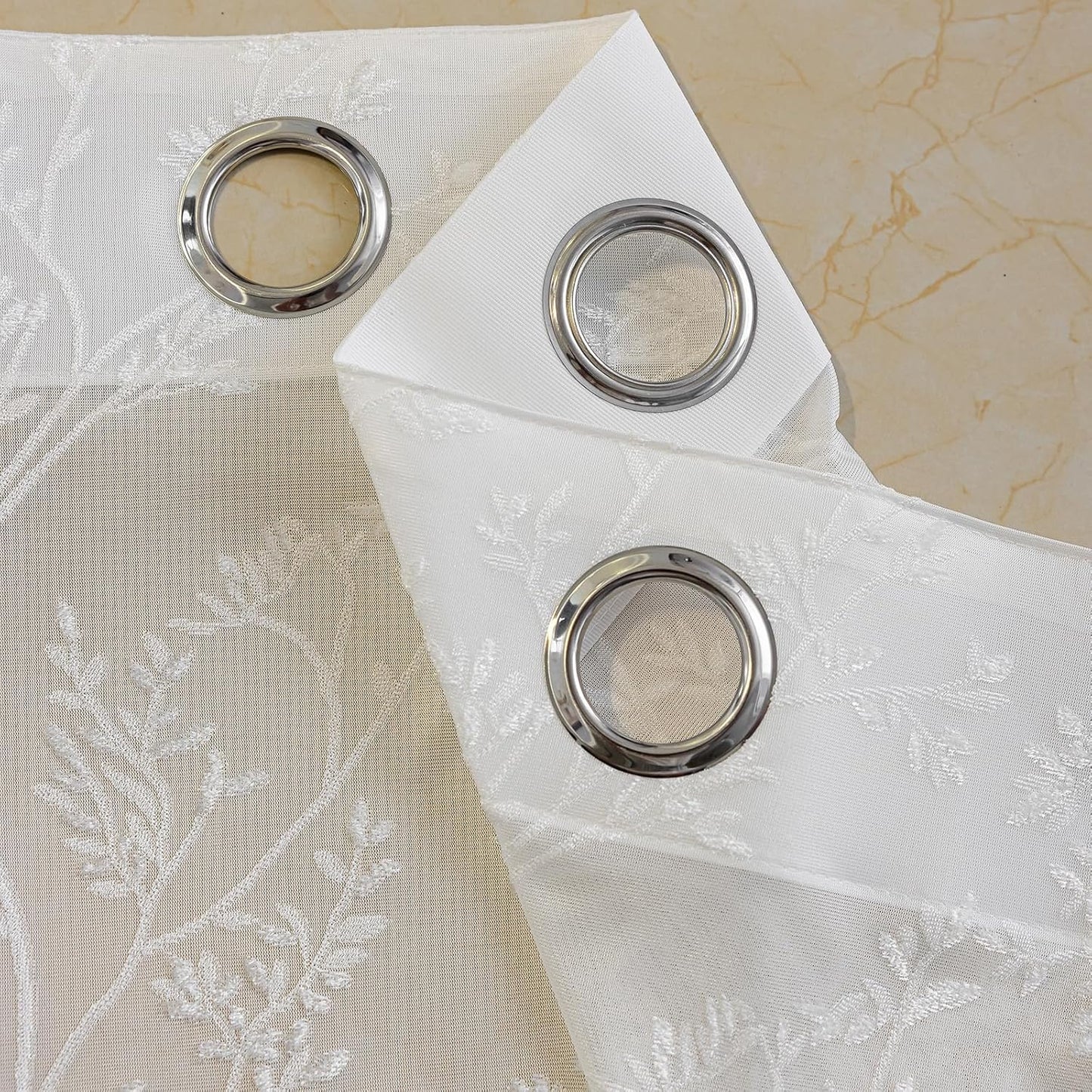 White Lace Sheer Curtains, Farmhouse Leaf Jacquard Grommet Window Curtain for Living Room/Bedroom, Voile Sheer Panel Drapes