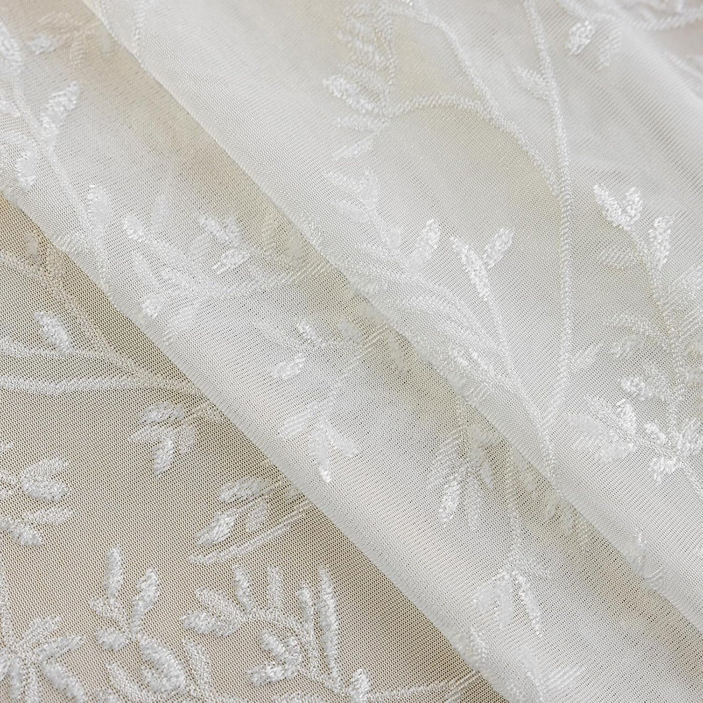 White Lace Sheer Curtains, Farmhouse Leaf Jacquard Grommet Window Curtain for Living Room/Bedroom, Voile Sheer Panel Drapes