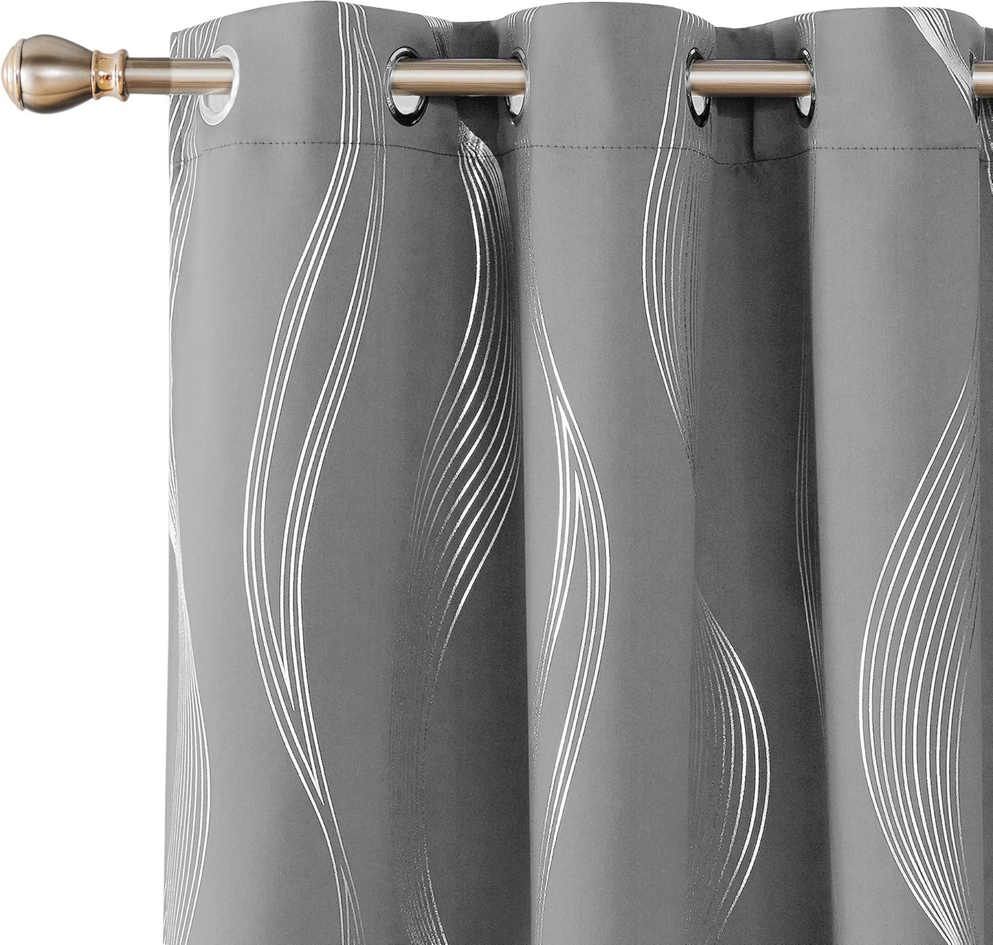 Silver Wave Print Blackout Curtains - Thermal Insulated & Noise‑Reducing Grommet Drapes for Bedroom & Living Room,  2 Panels ,Dove