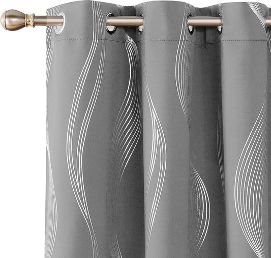 Silver Wave Print Blackout Curtains - Thermal Insulated & Noise‑Reducing Grommet Drapes for Bedroom & Living Room, 2 Panels ,Dove