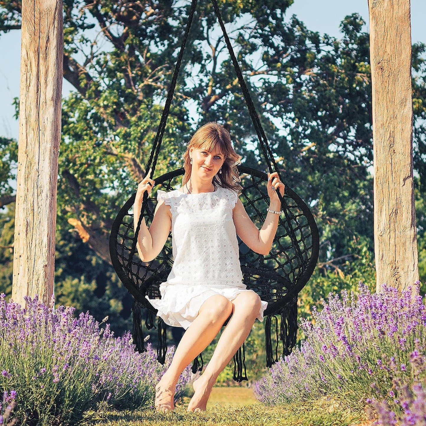 Macrame Hammock Hanging Rocking Chair, Suitable for Bedroom, Outdoor, Children, Adults, Huge Load-bearing Capacity（Black）