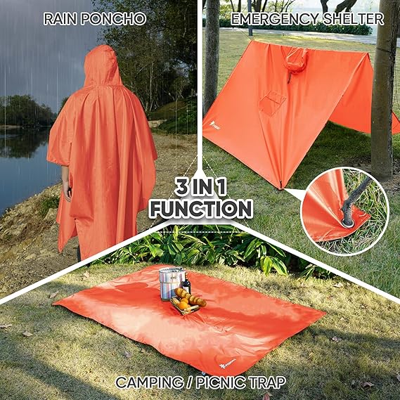 Hooded Rain Poncho for Adult with Pocket, Waterproof Lightweight Unisex Raincoat for Hiking Camping Emergency ,Orange