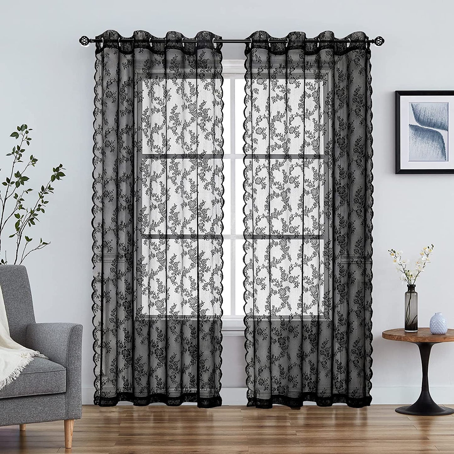 Black Lace Sheer Curtains for Bedroom Farmhouse French Floral Rose Lace Curtain Panels Durable Flower Embeoidered Window Treatment Drapes for Living Room Christmas Holiday, Set of 2