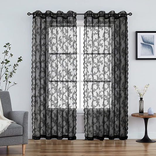 Black Lace Sheer Curtains for Bedroom Farmhouse French Floral Rose Lace Curtain Panels Durable Flower Embeoidered Window Treatment Drapes for Living Room Christmas Holiday, Set of 2