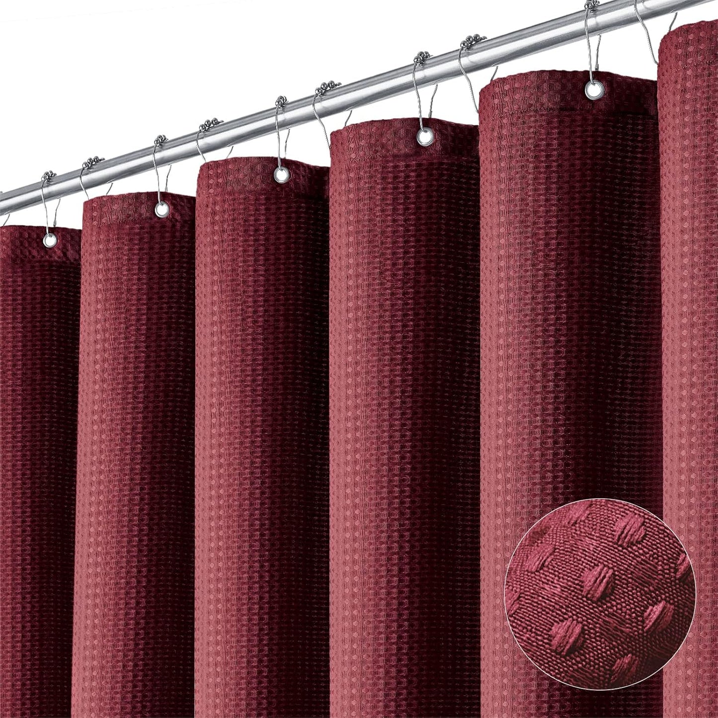 Fabric Shower Curtain - Waffle Weave Weighted Thick Cloth Shower Curtains for Bathroom, Hotel Spa Luxury Bath Curtain Set with 10 Hooks,Burgundy