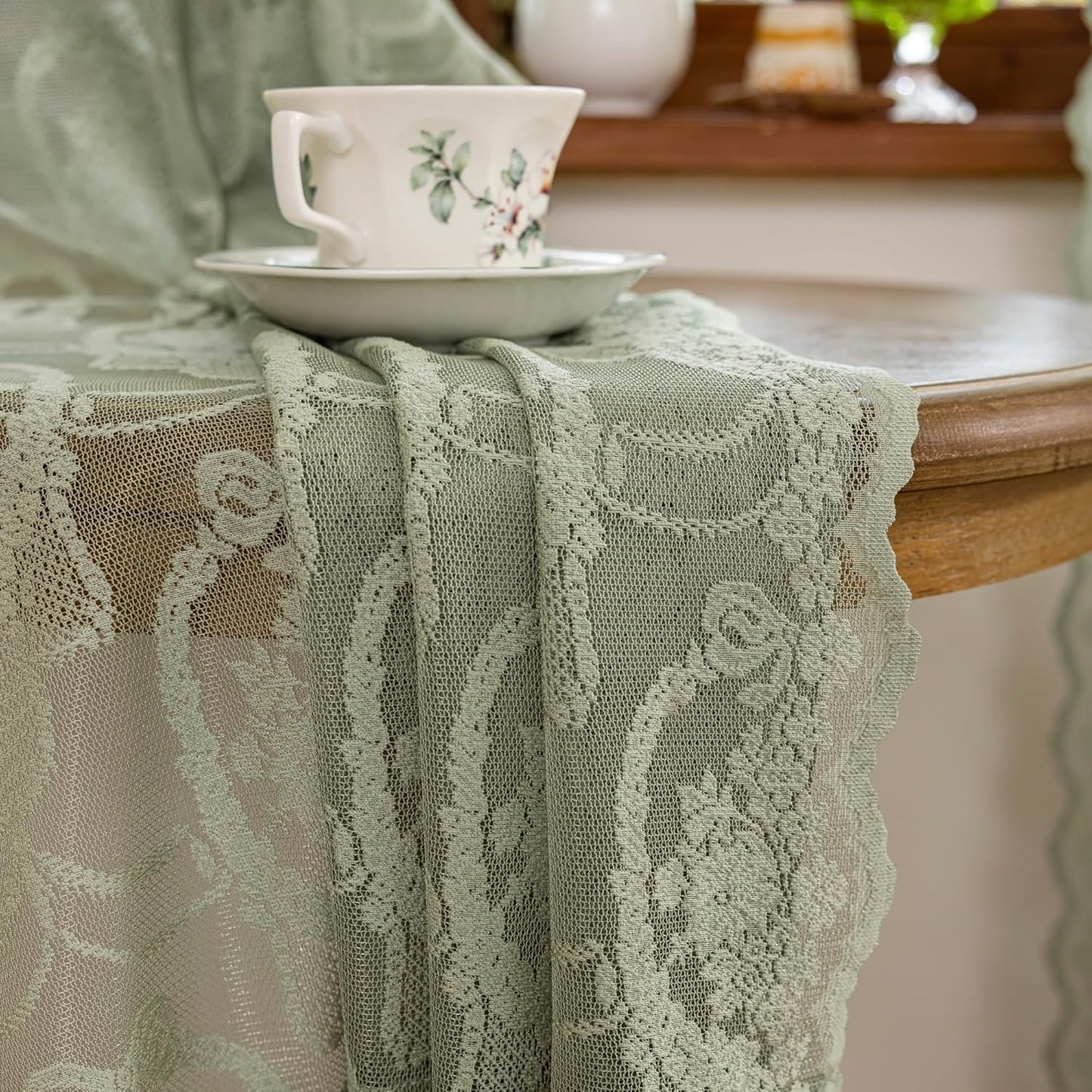 Green Lace French Delicacy Curtains -Rod Pocket Luxury Vintage Bow Butterfly Flower Sheer Lace Curtains for Living Room Bedroom