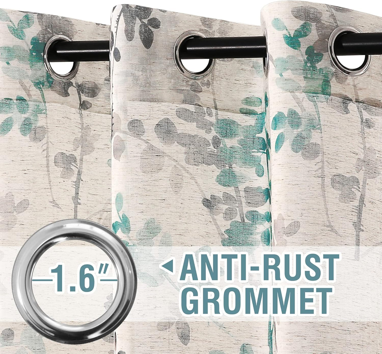 Sheer Linen Curtains Semi Sheer Curtains Draperies for Living Room/Bedroom Vintage Classical Floral Printing Window Treatment Grommet 2 Panels,Grey/Turquoise