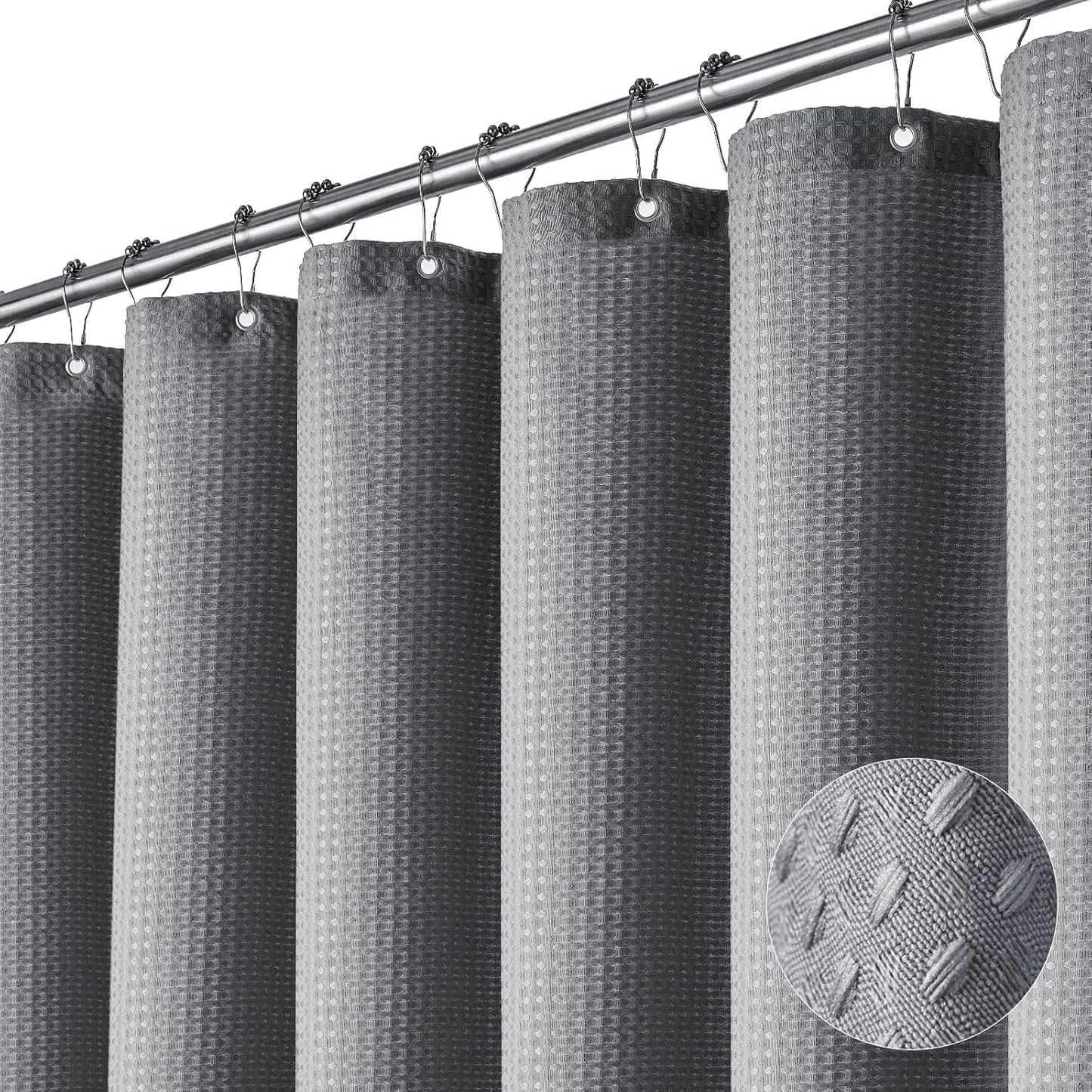 Fabric Shower Curtain - Waffle Weave Weighted Thick Cloth Shower Curtains for Bathroom, Hotel Spa Luxury Bath Curtain Set with 10 Hooks,Grey