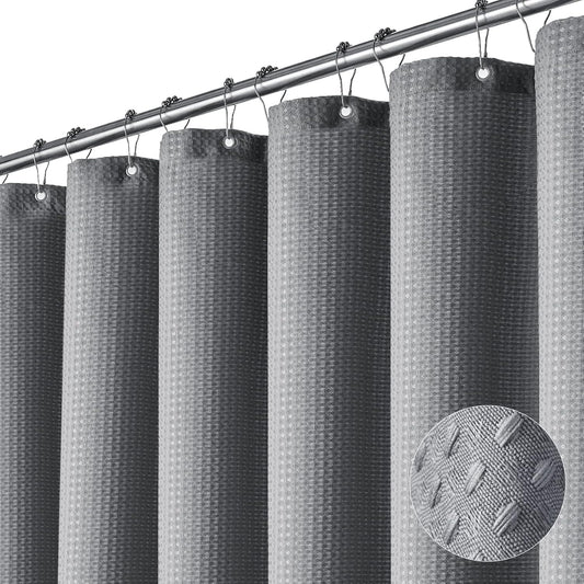 Fabric Shower Curtain - Waffle Weave Weighted Thick Cloth Shower Curtains for Bathroom, Hotel Spa Luxury Bath Curtain Set with 10 Hooks,Grey