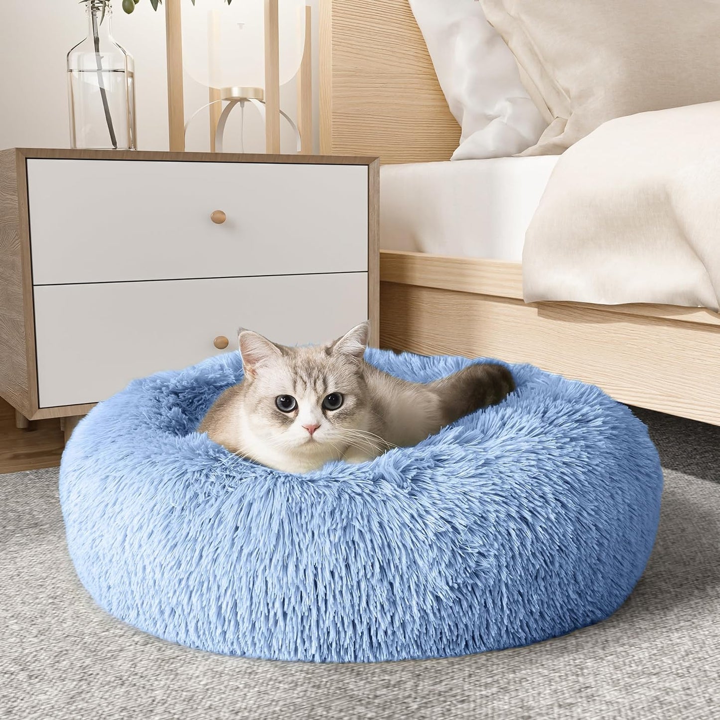 Anti Anxiety Round Fluffy Plush Faux Fur Warm Washable Dog Bed & Cat Bed, Original Bed for Small Medium Large Pets,Blue