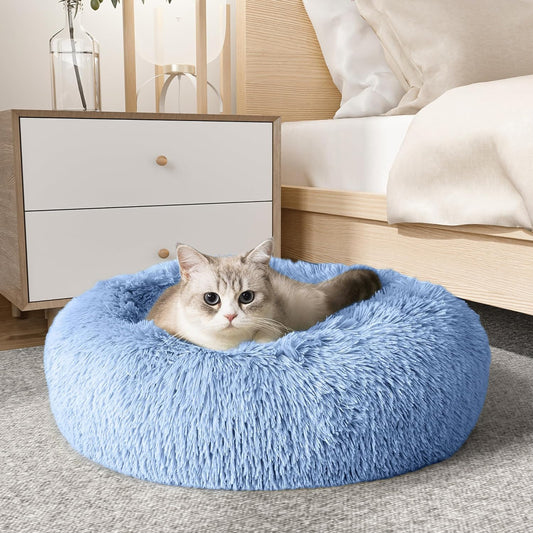 Anti Anxiety Round Fluffy Plush Faux Fur Warm Washable Dog Bed & Cat Bed, Original Bed for Small Medium Large Pets,Blue