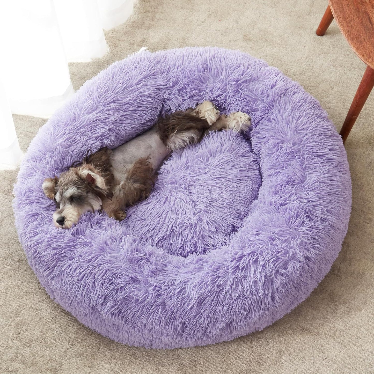 Anti Anxiety Round Fluffy Plush Faux Fur Warm Washable Dog Bed & Cat Bed, Original Bed for Small Medium Large Pets,Purple