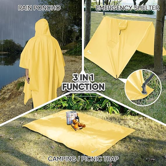 Hooded Rain Poncho for Adult with Pocket, Waterproof Lightweight Unisex Raincoat for Hiking Camping Emergency ,Yellow