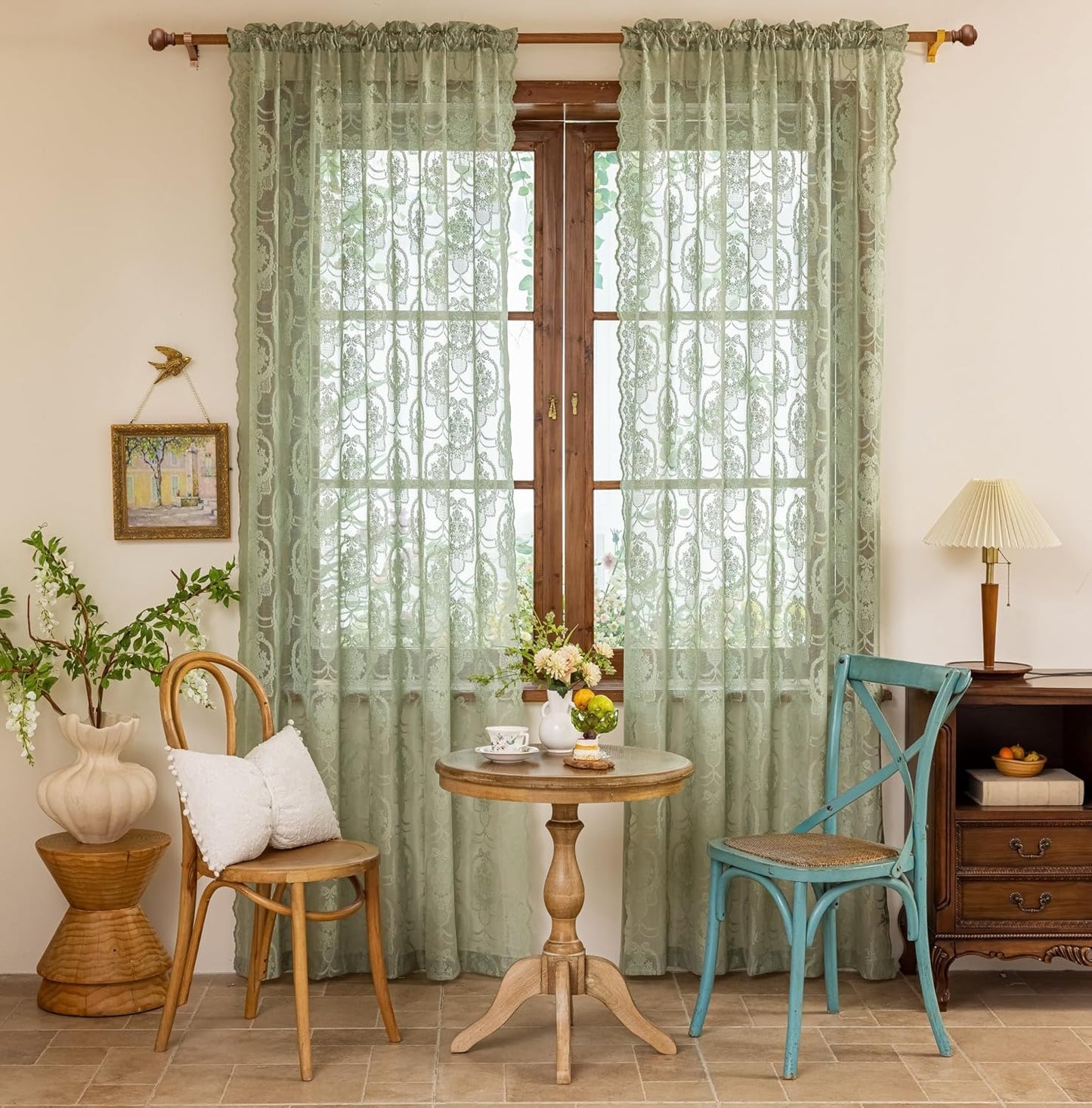 Green Lace French Delicacy Curtains -Rod Pocket Luxury Vintage Bow Butterfly Flower Sheer Lace Curtains for Living Room Bedroom