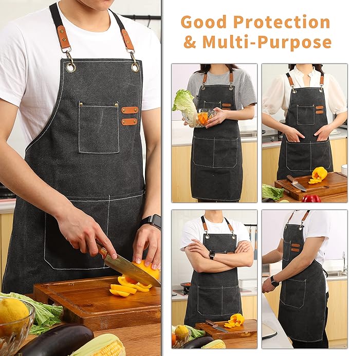 Chef Aprons for Men Women with Oversized Pockets,Cotton Canvas Cross Back Heavy Duty Work Apron,Black