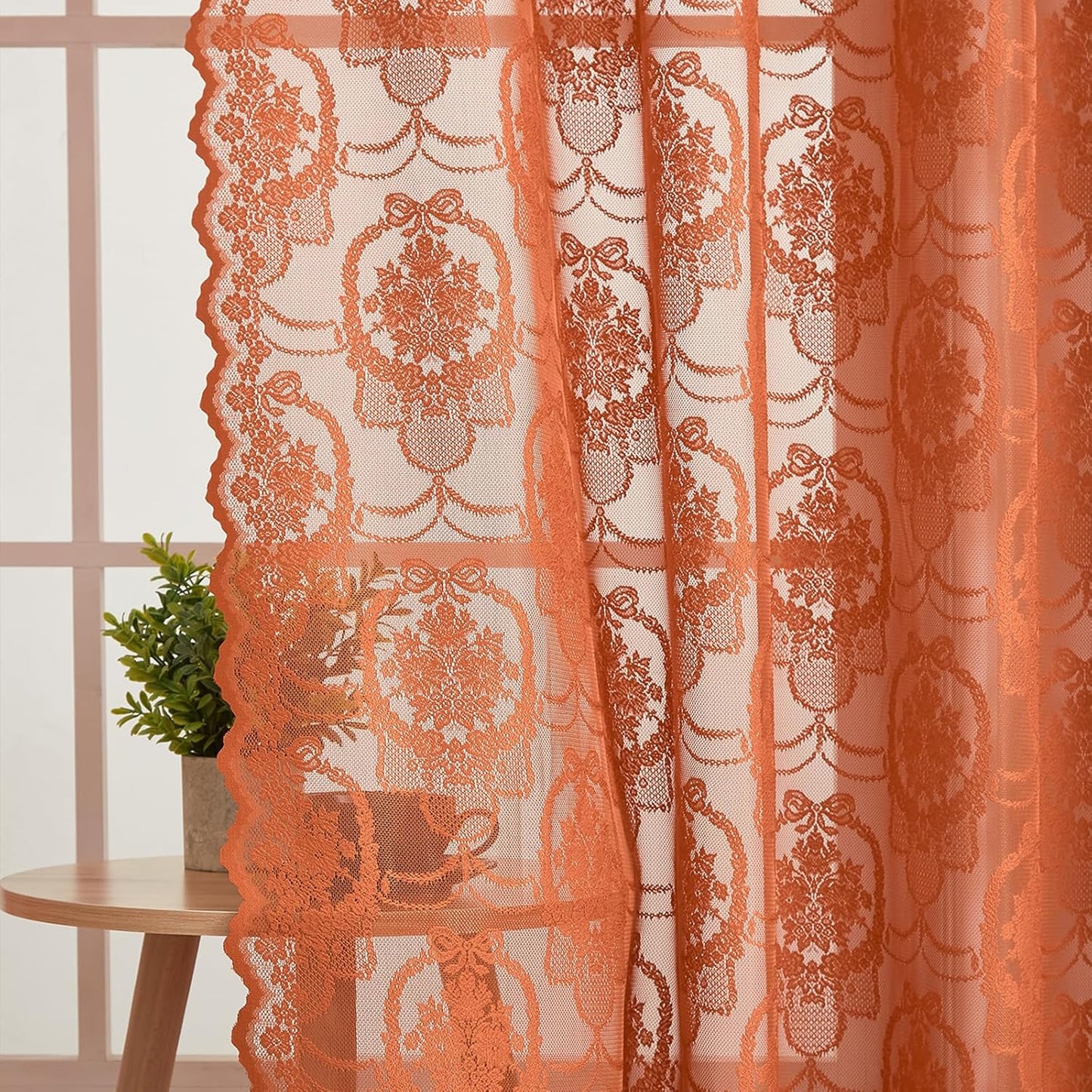 Burnt Orange Lace French Delicacy Curtains -Rod Pocket Luxury Vintage Bow Butterfly Flower Sheer Lace Curtains for Living Room Bedroom