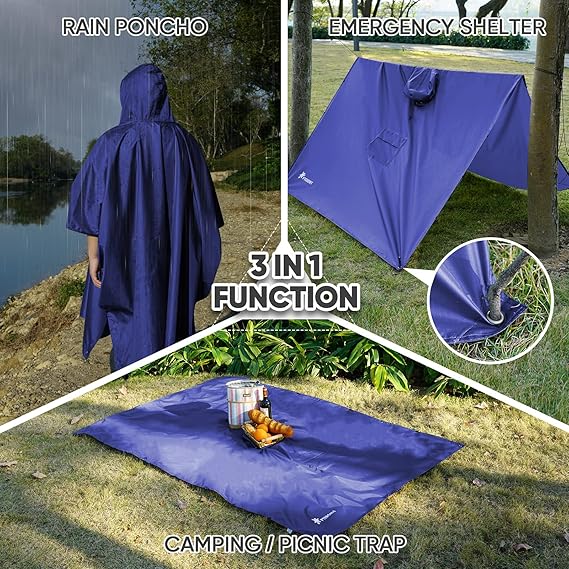 Hooded Rain Poncho for Adult with Pocket, Waterproof Lightweight Unisex Raincoat for Hiking Camping Emergency ,Blue