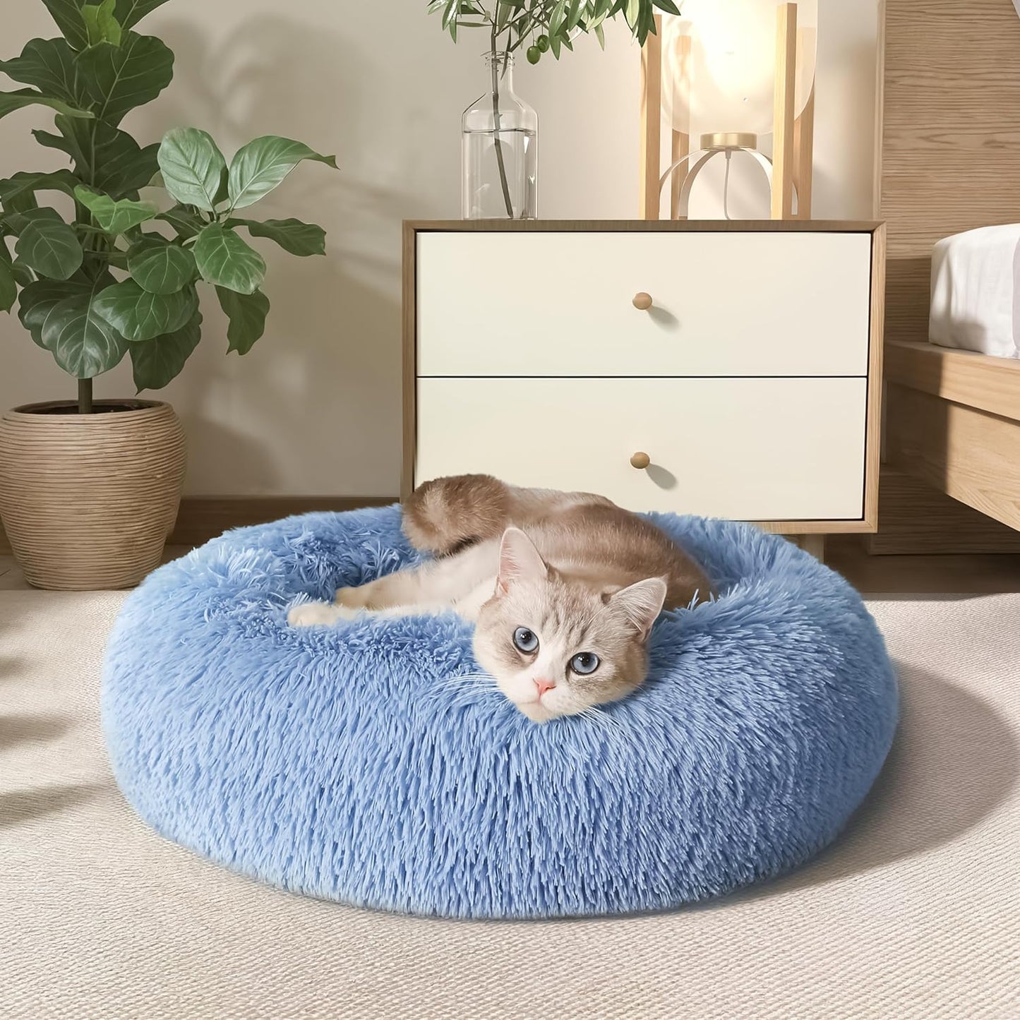Anti Anxiety Round Fluffy Plush Faux Fur Warm Washable Dog Bed & Cat Bed, Original Bed for Small Medium Large Pets,Blue