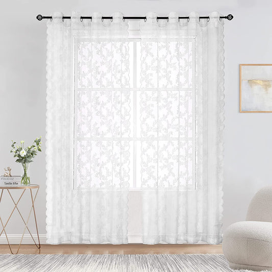White Lace Sheer Curtains for Bedroom Farmhouse French Floral Rose Lace Curtain Panels Durable Flower Embeoidered Window Treatment Drapes for Living Room Christmas Holiday, Set of 2