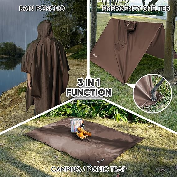 Hooded Rain Poncho for Adult with Pocket, Waterproof Lightweight Unisex Raincoat for Hiking Camping Emergency ,Brown