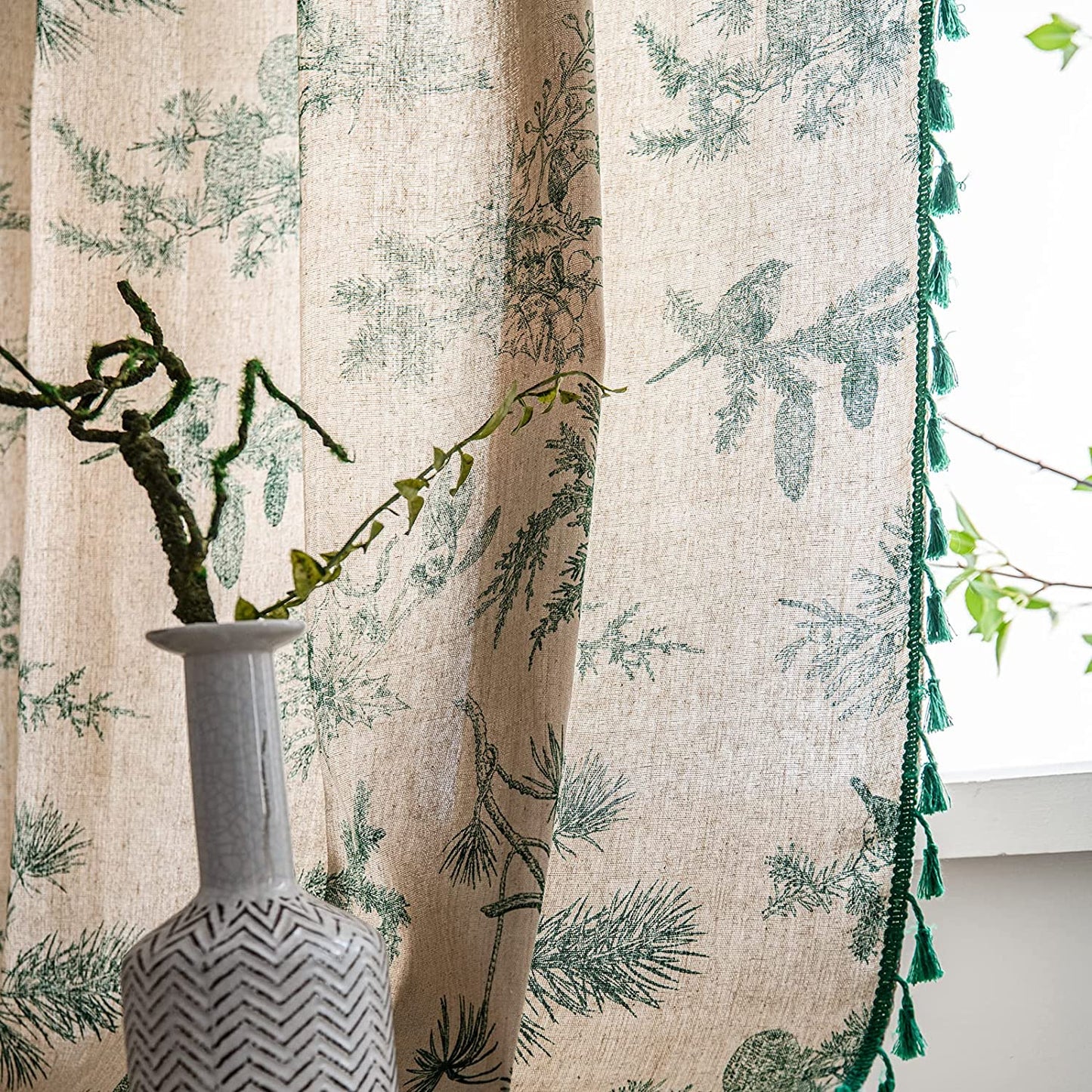 Bohemian style tassel green pine nut semi shading through rod curtain room, living room, bedroom, 2 pieces