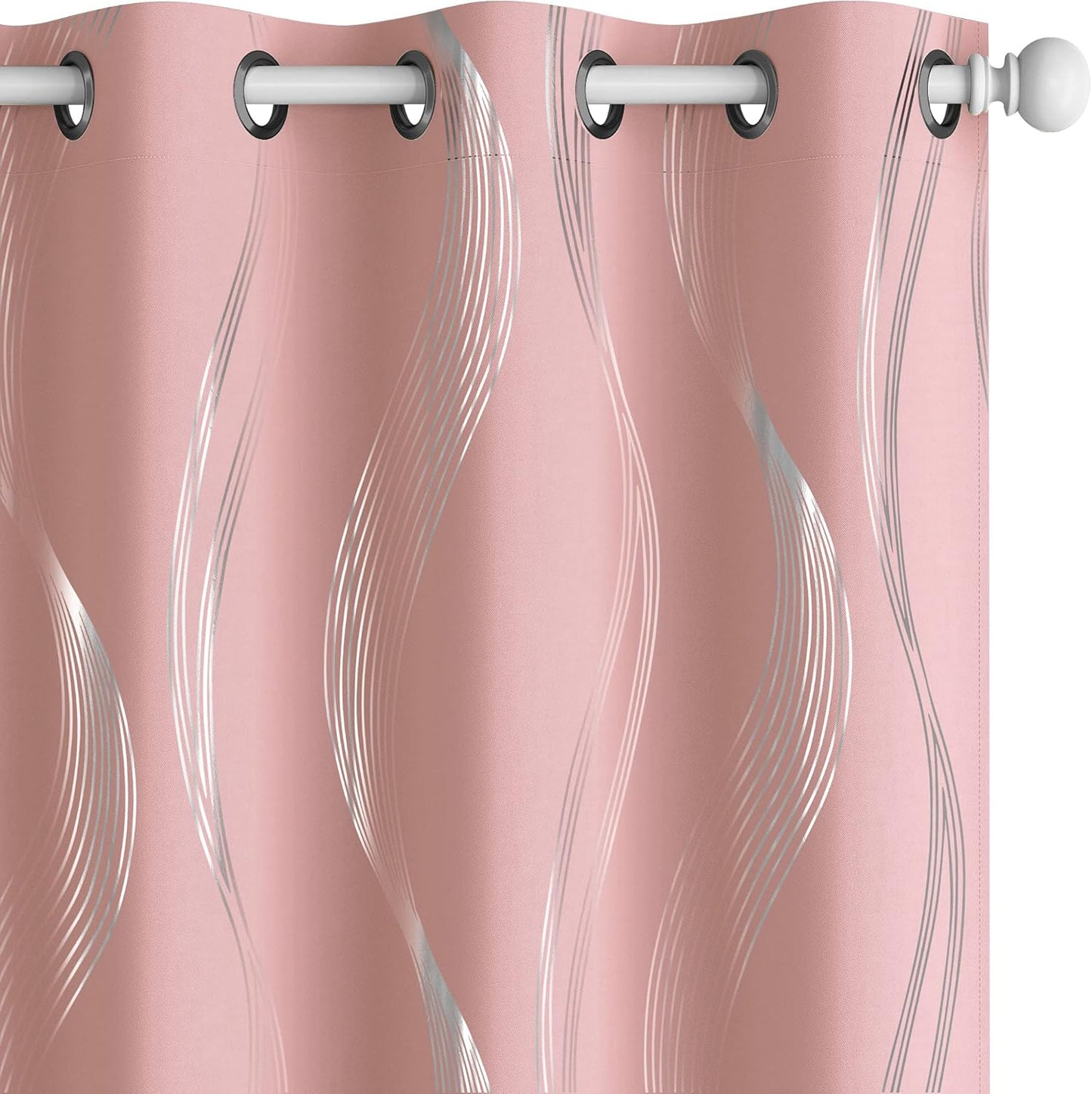 Silver Wave Print Blackout Curtains - Thermal Insulated & Noise‑Reducing Grommet Drapes for Bedroom & Living Room,  2 Panels ,Pink