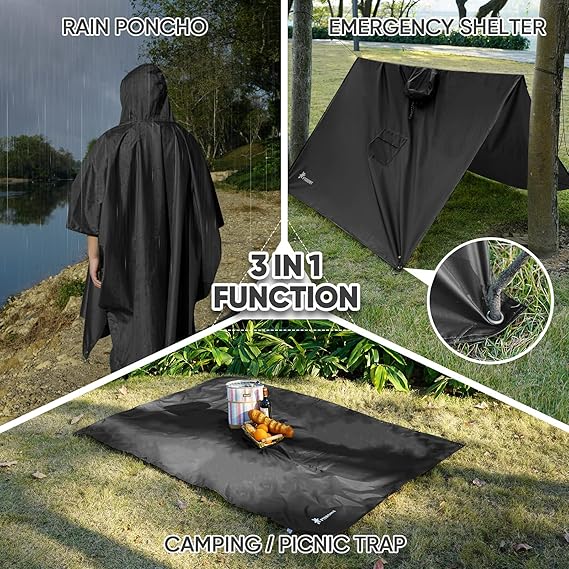 Hooded Rain Poncho for Adult with Pocket, Waterproof Lightweight Unisex Raincoat for Hiking Camping Emergency ,Black